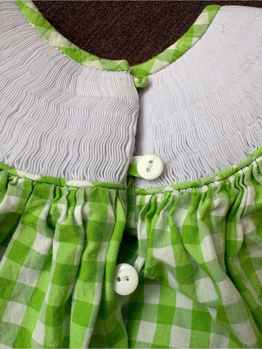 Green Gingham Baby One-Piece with Colorful Fish Embroidery